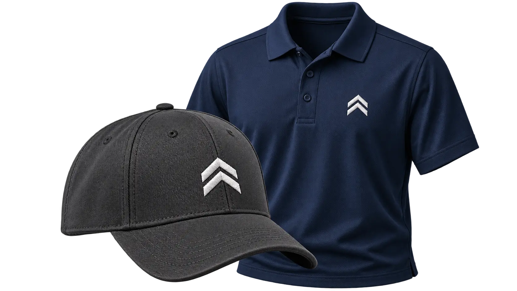 Embroidered charcoal cap and navy polo