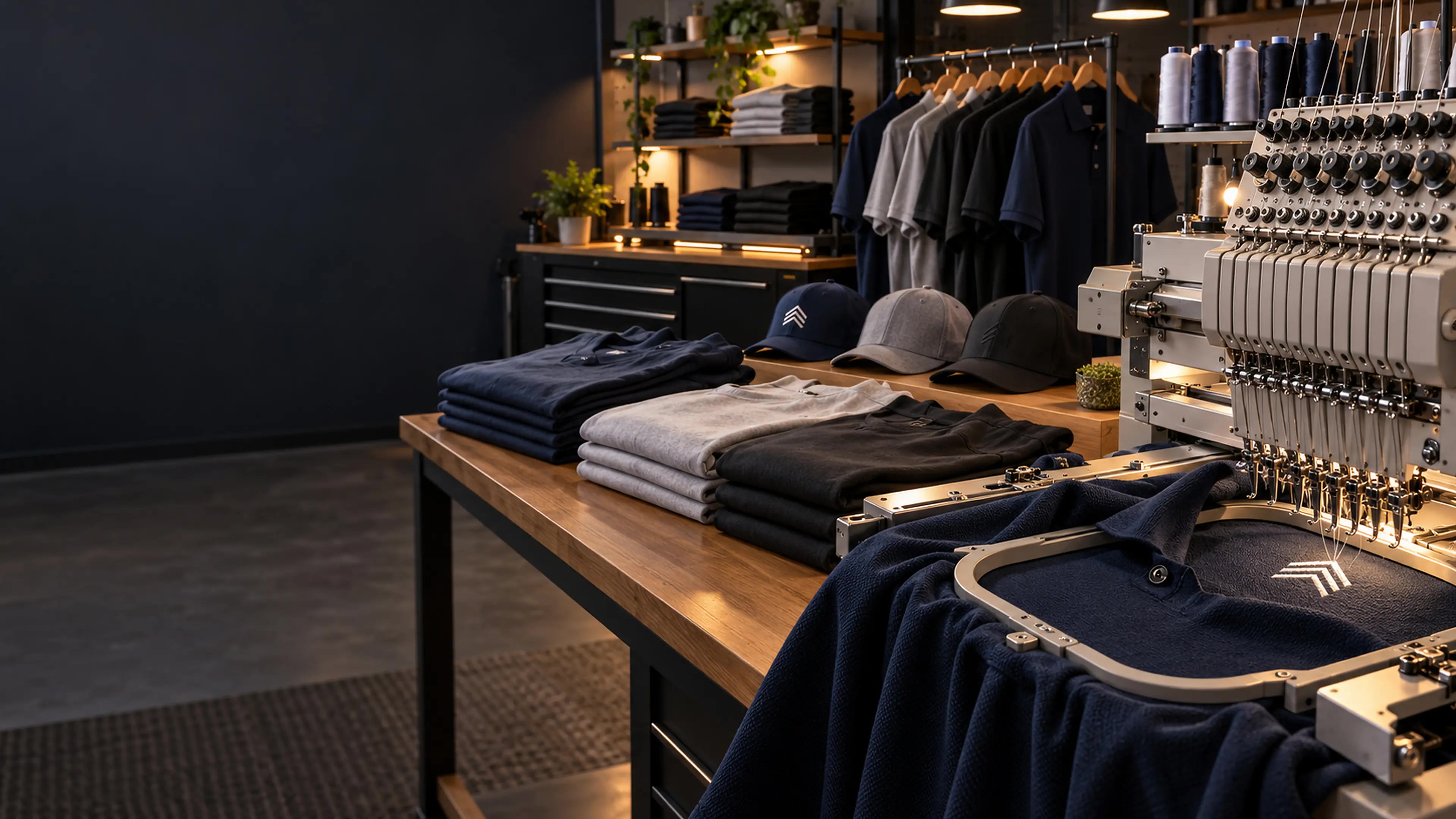 Professional custom apparel embroidery and production workspace