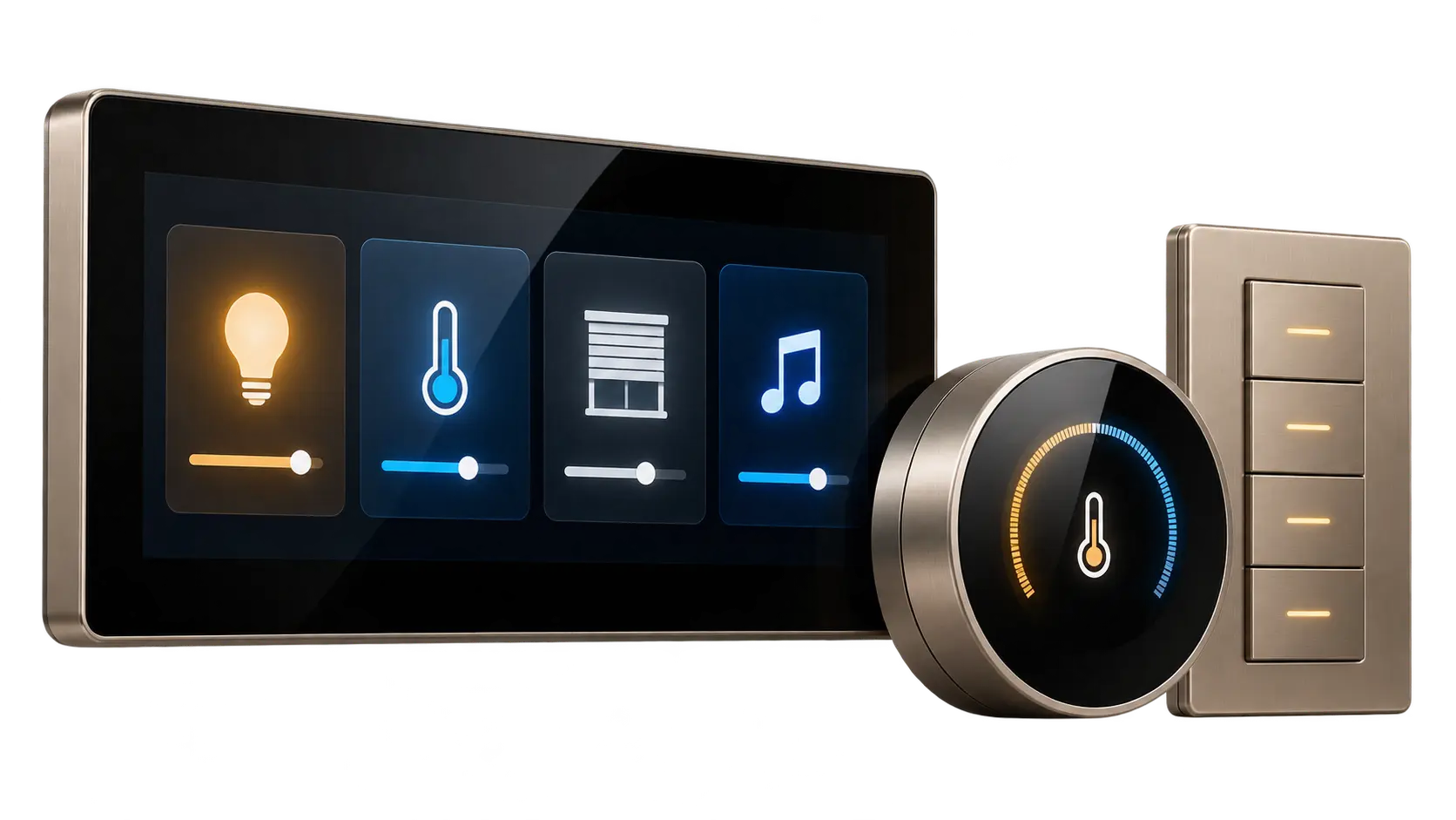 Smart home control display, thermostat, and wall keypad